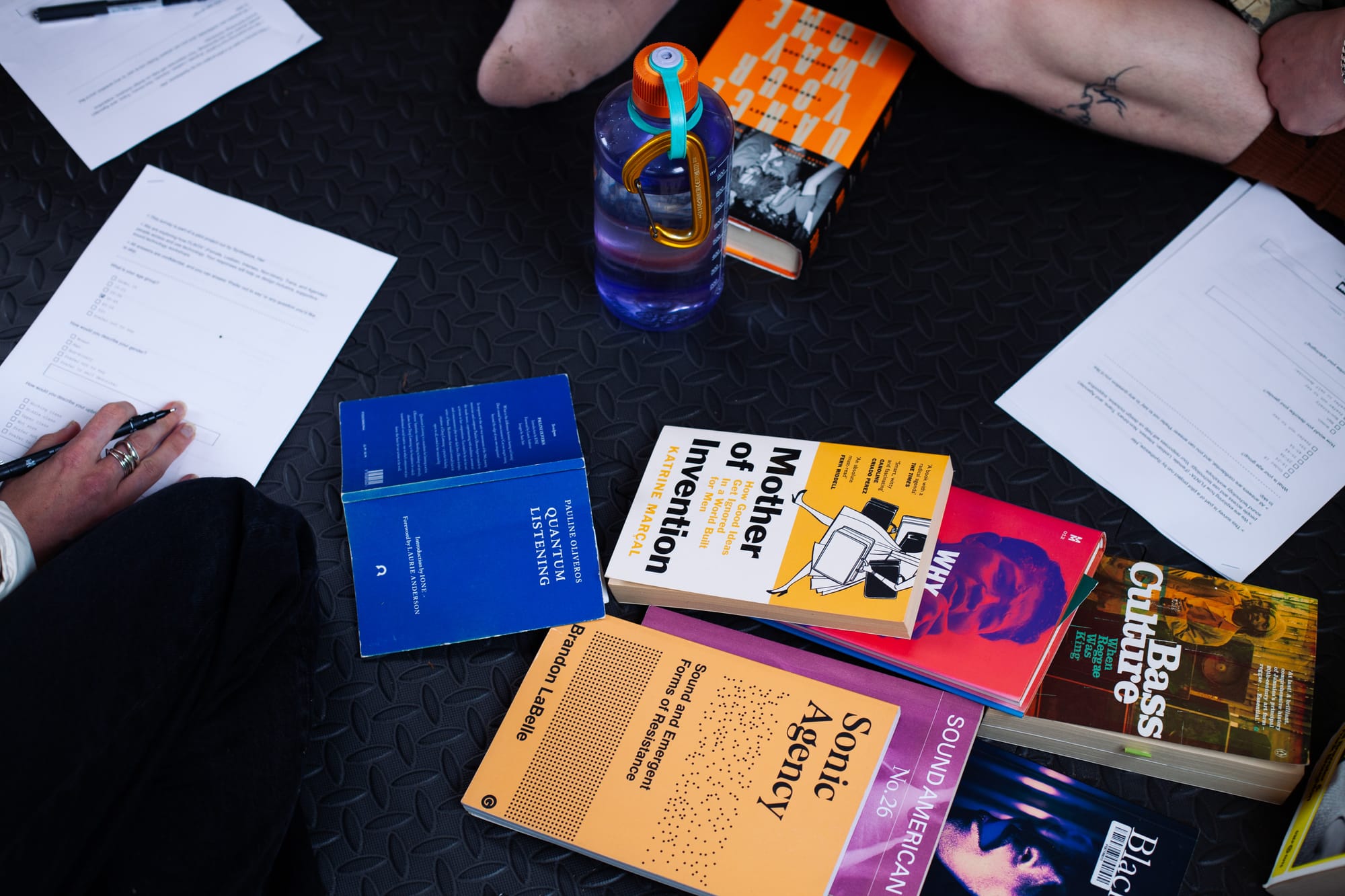 A selection of texts including Quantum Listening, Mother of Invention, Sonic Agency, and Bass Culture.